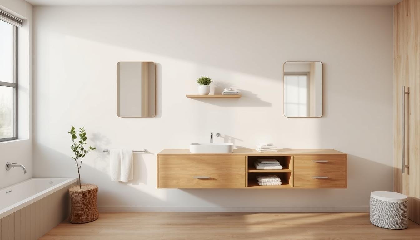 A clean, modern bathroom with a floating vanity and minimalist storage solutions. Soft, natural lighting illuminates the Scandinavian-inspired design, with muted tones of wood and white creating a serene, Japandi-style ambiance. Sleek, rectangular mirrors and a single wall-mounted shelf provide ample yet unobtrusive storage, while a potted plant adds a touch of greenery. The overall aesthetic is refined, functional, and warmly inviting.