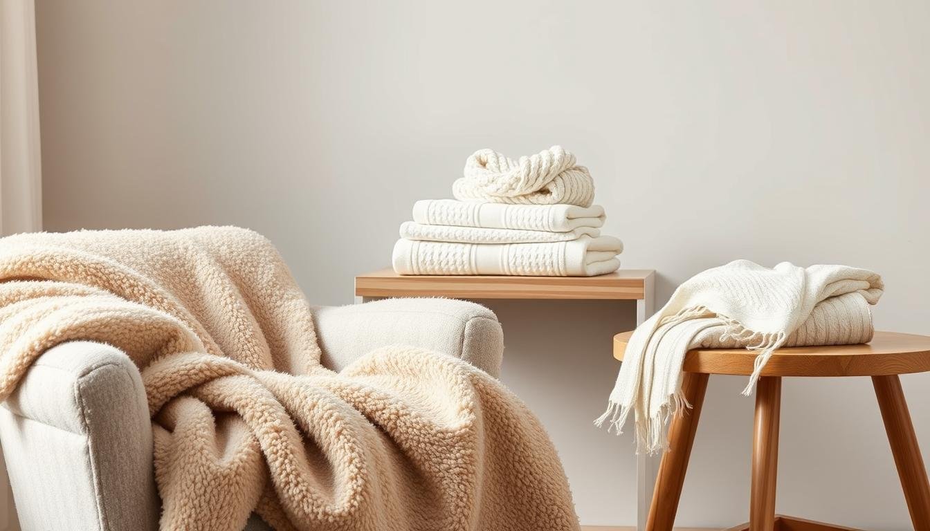 A cozy and inviting tableau showcasing an artfully curated collection of luxurious winter textiles. In the foreground, a plush, oatmeal-colored throw blanket cascades over a minimalist, scandinavian-inspired armchair, its soft folds reflecting the warm, diffused lighting. In the middle ground, a stack of neatly folded, ivory linen towels and a delicate, knitted scarf in a complementary neutral palette sit atop a sleek, wooden side table. The background features a soothing, monochromatic palette of soft grays and whites, evoking the serene, cozy atmosphere of a Japandi-style interior. The overall scene exudes a sense of comfort, quality, and understated elegance.