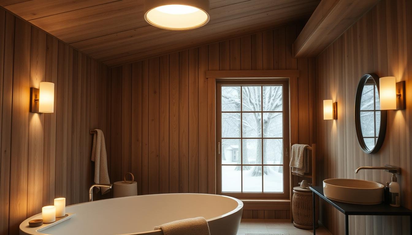 A cozy, well-lit bathroom with a Japandi style interior. Soft, diffused lighting illuminates the clean, minimalist lines of the scandinavian-inspired decor. A large window fills the room with a gentle, natural glow, casting a warm, inviting ambiance. Subtle sconces and a recessed ceiling light create a serene, spa-like atmosphere, perfect for relaxing winter evenings. Smooth, natural materials like wood, stone, and textiles blend seamlessly, evoking the tranquil Nordic aesthetic. A sense of harmony and balance pervades the space, fostering a calming, restorative mood.