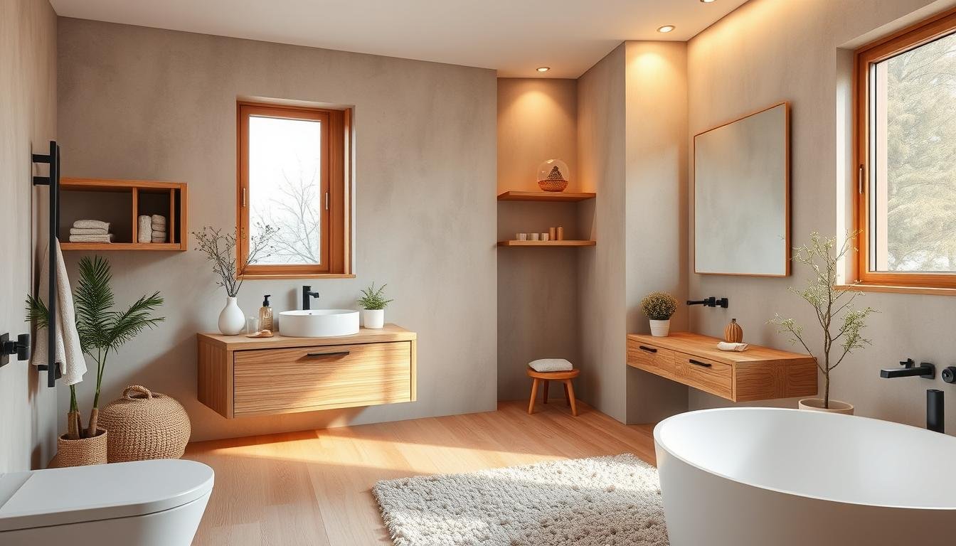 A minimalist Japandi-style bathroom with natural wood accents. Warm lighting illuminates the smooth, organic textures of the wood vanity, floating shelves, and window frames. Muted tones of beige, gray, and white create a serene, Scandinavian-inspired atmosphere. A large mirror reflects the natural light, while potted plants and a plush rug add subtle pops of greenery. The overall scene conveys a sense of calm and tranquility, perfect for a cozy winter retreat.