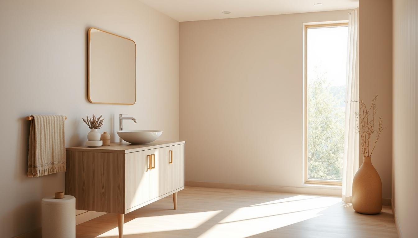 A tranquil Japandi-inspired bathroom, bathed in soft natural light from a large window. A minimalist, Scandinavian-style vanity with clean lines and a vessel sink stands in the foreground, complemented by a modern, frameless mirror. Soothing neutral tones, such as beige, ivory, and light wood, create a serene and cozy ambiance. Gentle shadows and subtle textures add depth, while the layout emphasizes open space and uncluttered surfaces. The overall atmosphere evokes a sense of calm and relaxation, perfectly suited for an informative "Japandi Bathroom FAQ" section.