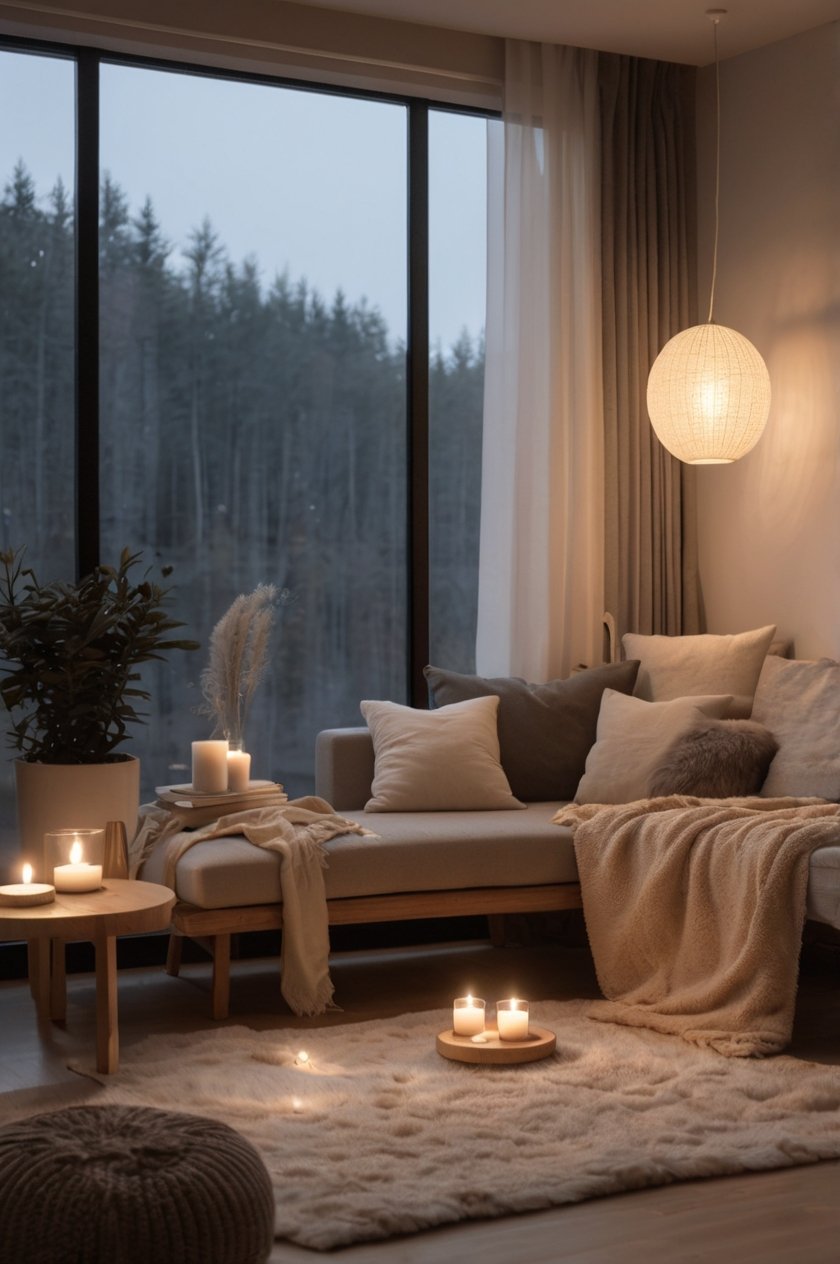 Japandi winter cozy window reading nook