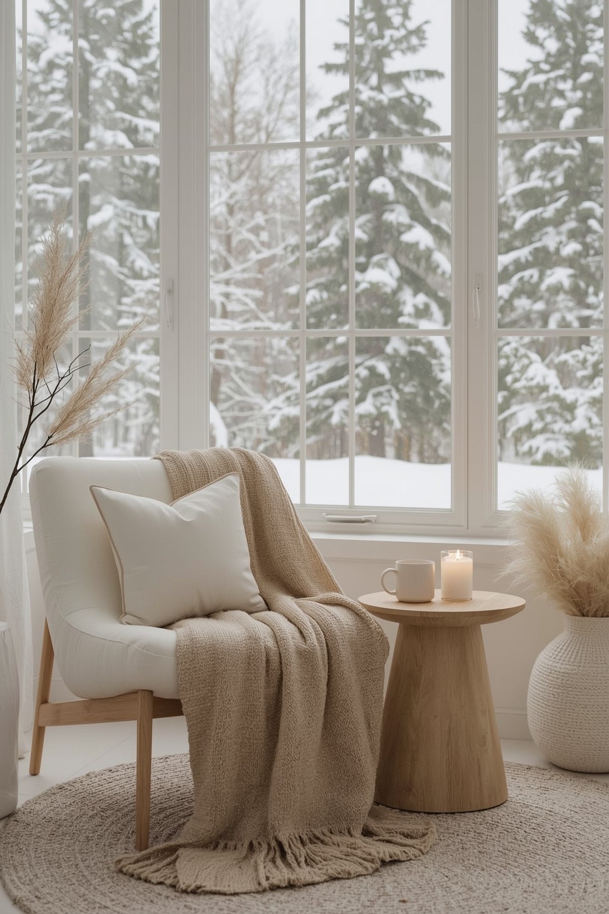 Japandi winter cozy reading nook