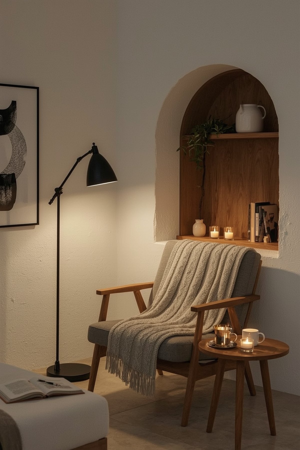 Japandi cozy reading nook