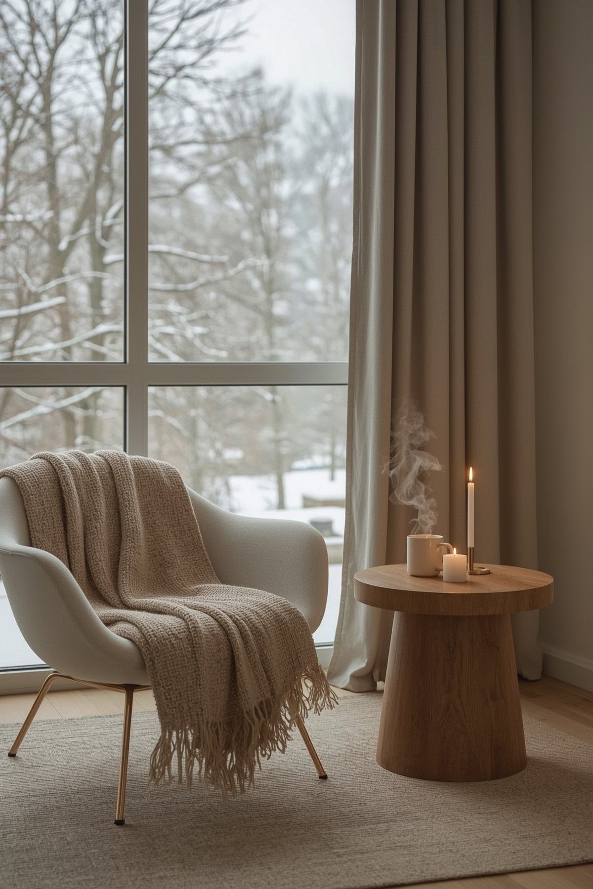 Japandi winter cozy reading nook