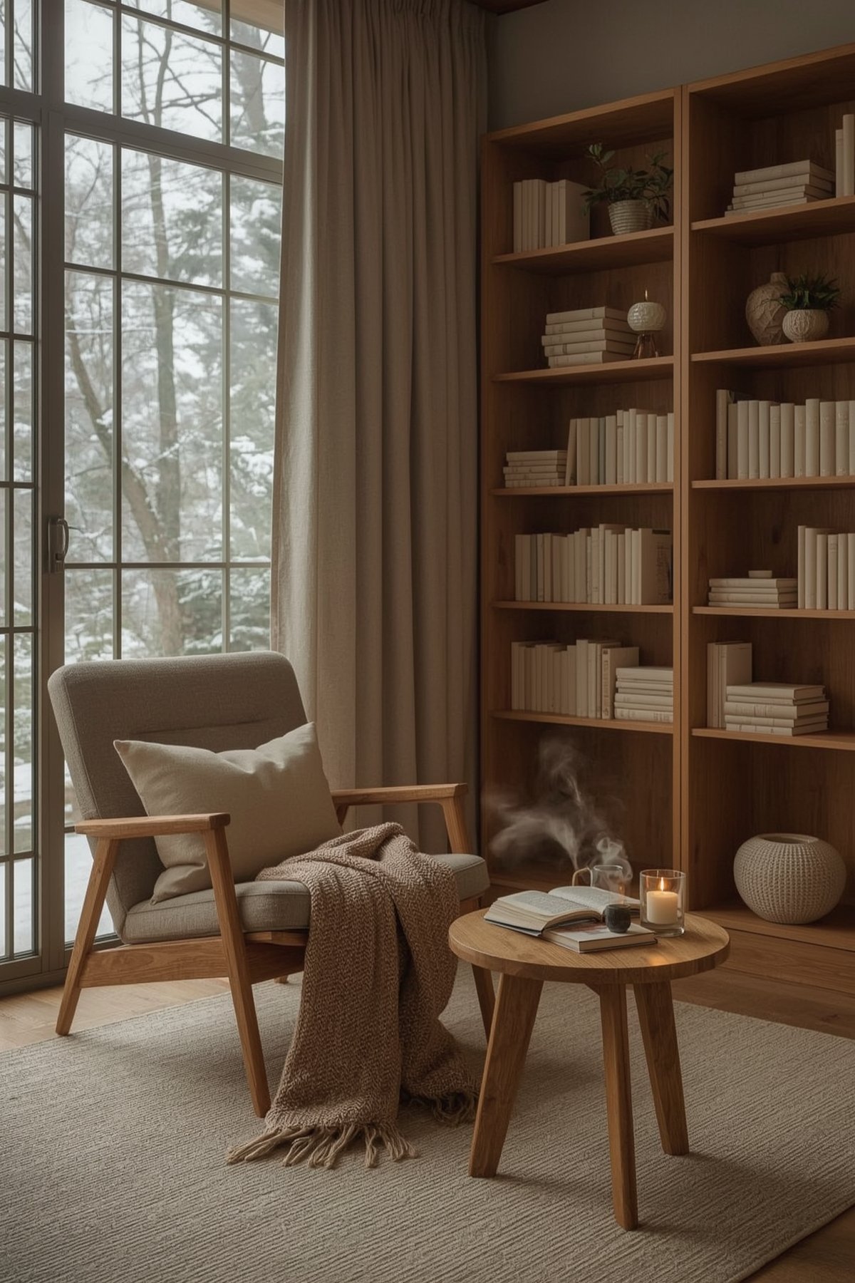 Japandi cozy reading nook