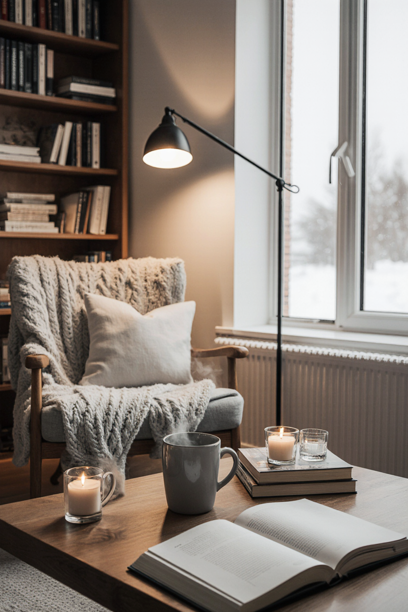 Japandi cozy reading nook