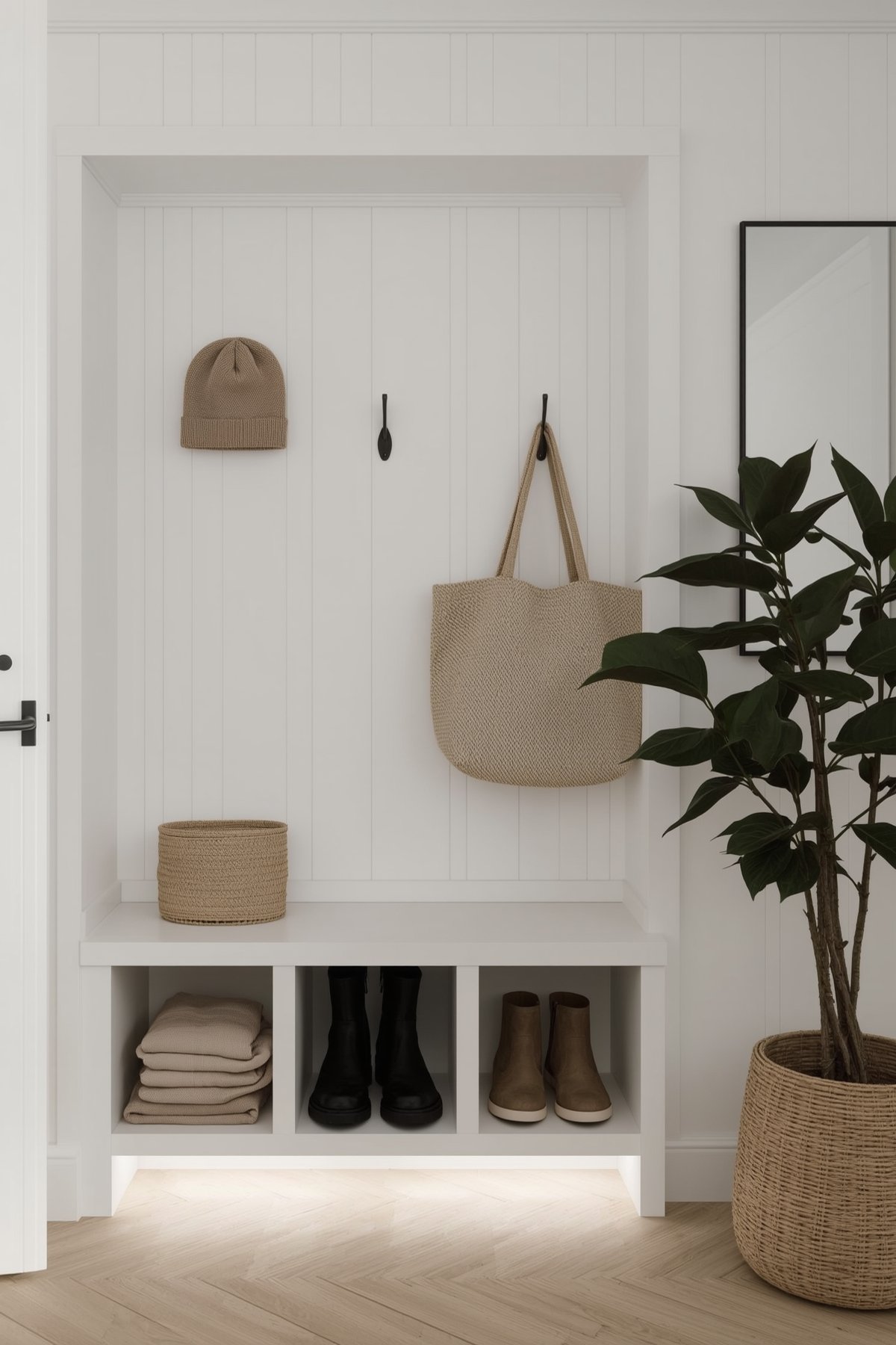 Scandinavian mudroom with pale wood paneling and a sleek built-in bench with hidden storage