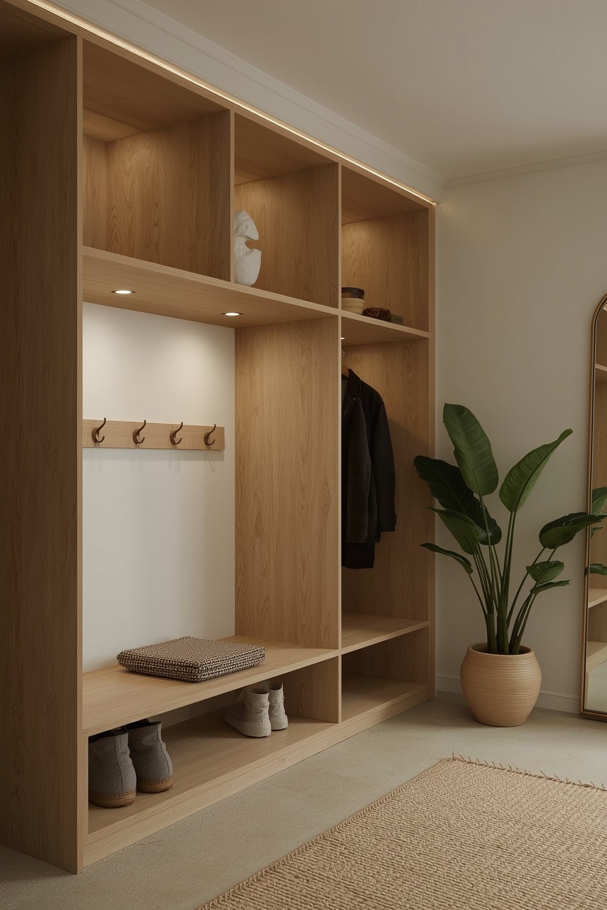 Scandinavian mudroom with pale wood paneling and a sleek built-in bench with hidden storage