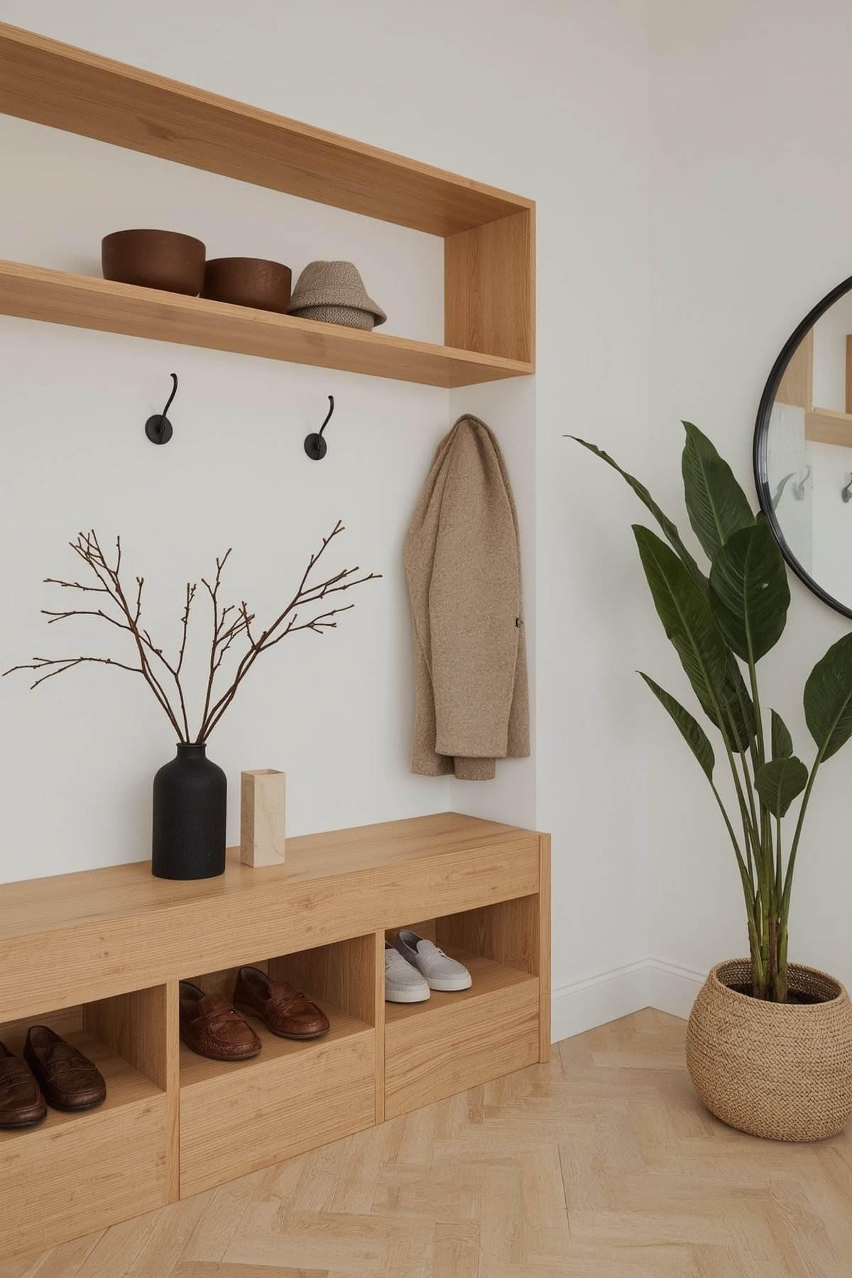 Scandinavian mudroom with pale wood paneling and a sleek built-in bench with hidden storage