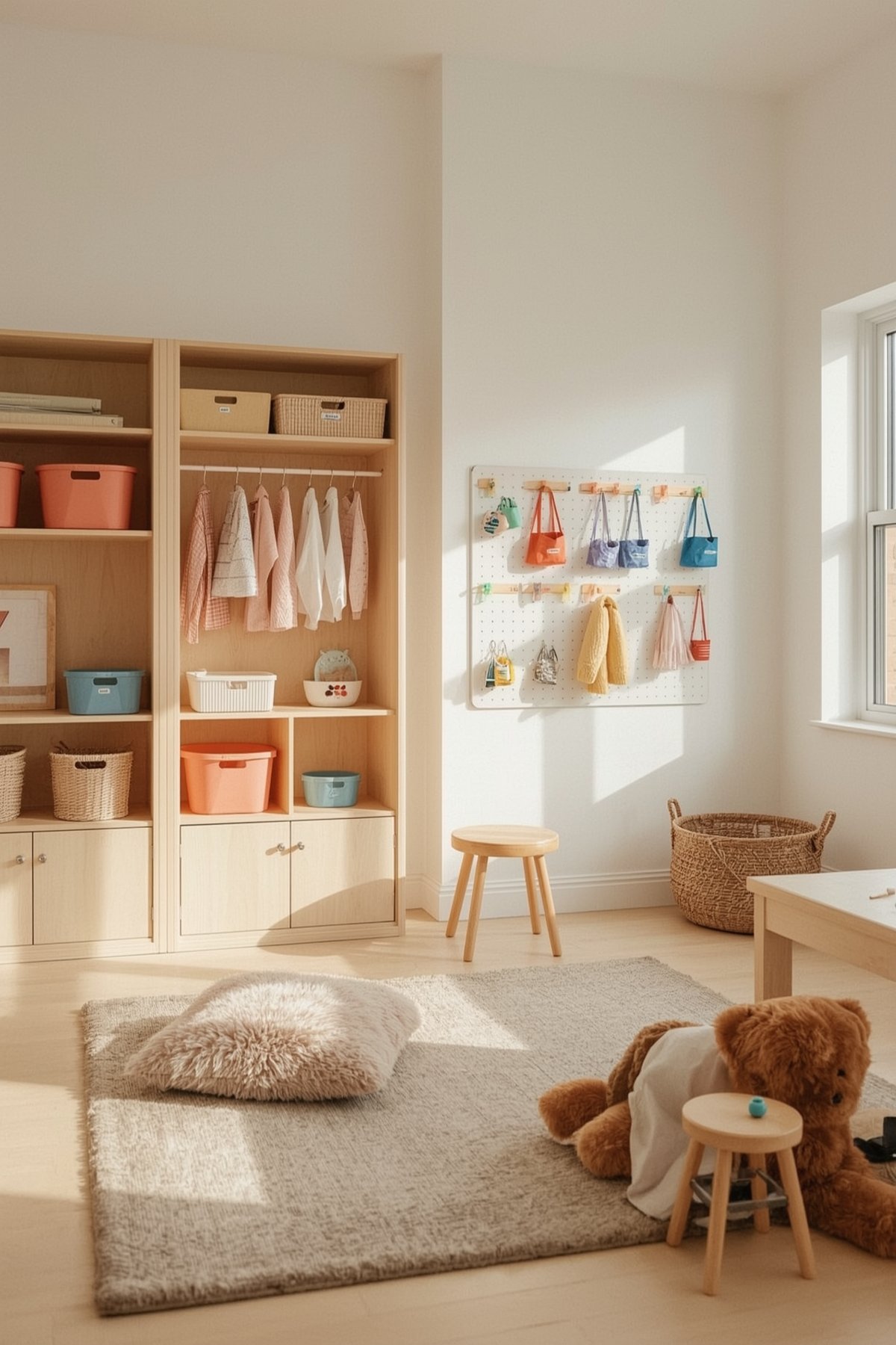 Japandi-inspired kid-friendly home organization space. Bright, airy room with clean lines and natural materials. Minimalist shelving units in soft wood tones display vibrant storage bins, baskets, and labeled containers. Strategically placed pegboards hold colorful hooks, clips, and small organizers. Cozy play area with plush floor cushions and a small table for arts and crafts. Abundant natural light from large windows casts a warm glow. Camera angle slightly elevated, capturing the orderly arrangement and inviting ambiance.