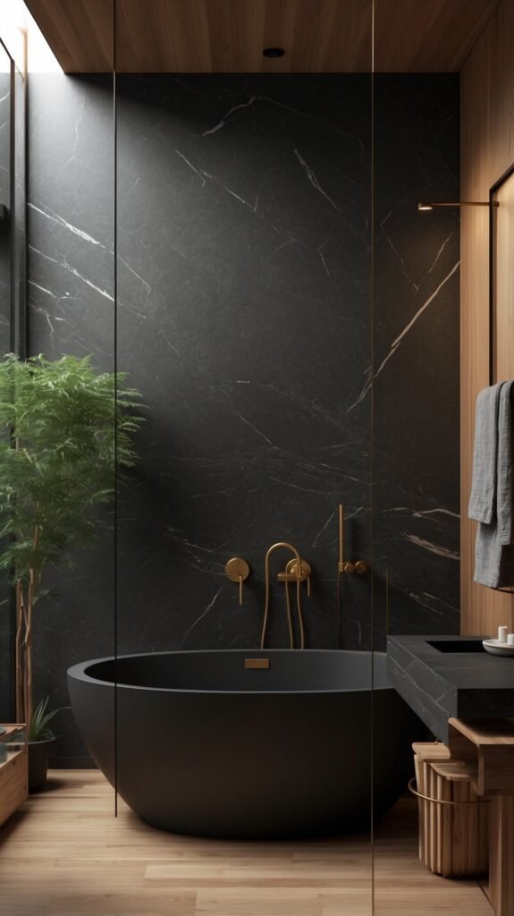 bathroom trend 2025 luxurious dark stone bathroom