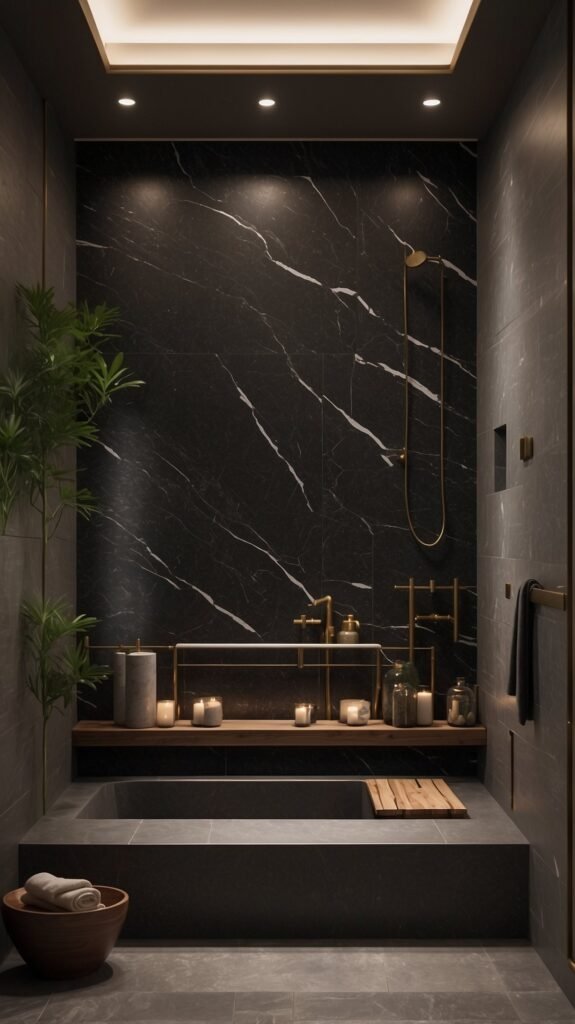 bathroom trend 2025 luxurious dark stone bathroom