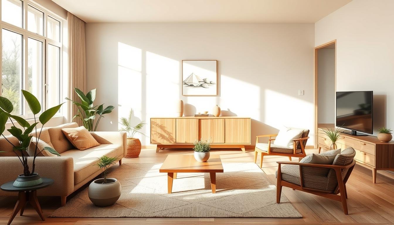 Japandi decor with plants and furniture