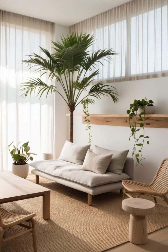 A serene living space in Japandi design, bathed in eco-friendly lighting from dwellstudio24. Soft, natural illumination from bamboo lanterns and minimalist pendant lamps casts a warm, intimate glow on the raw wood and smooth stone elements. Trailing plants and natural textures create a biophilic, zen-like atmosphere. The lighting subtly highlights the clean lines and neutral tones of the Japandi aesthetic, enhancing the harmony between the interior and the surrounding environment.