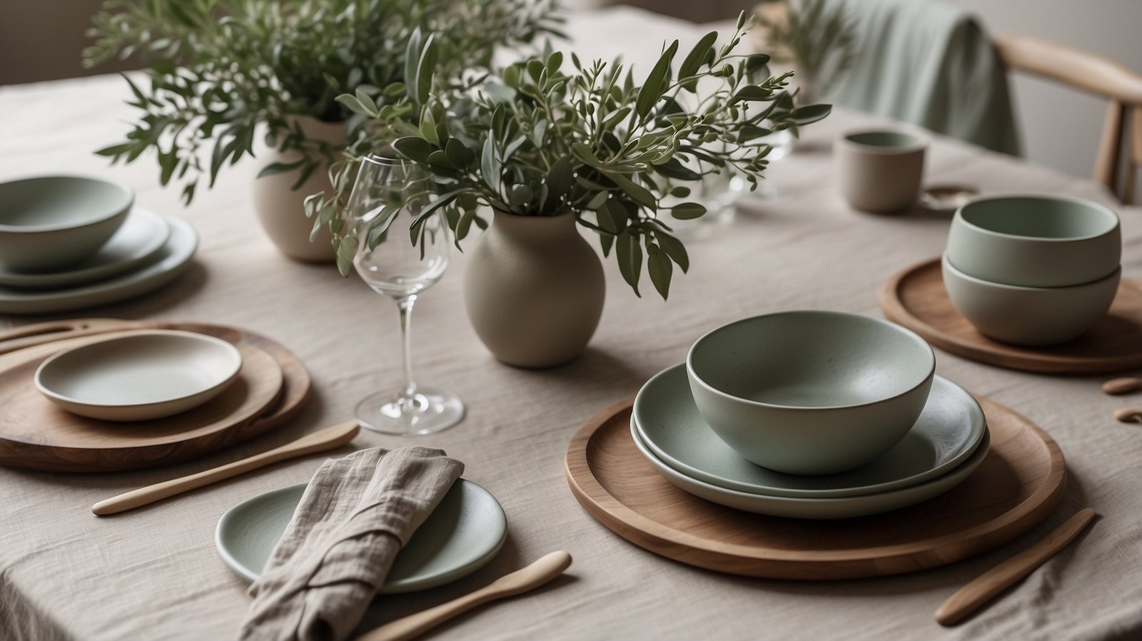 A minimalist Japandi-style dining table setting, featuring a natural wood table, muted tones, and carefully curated natural elements. Soft, diffused lighting illuminates the scene, casting a warm, cozy ambiance. A dwellstudio24 ceramic plate, with a simple yet elegant design, takes center stage, surrounded by hand-woven placemats, bamboo chopsticks, and a small vase of delicate spring flowers. The overall atmosphere invites a mindful, ritual-like dining experience, capturing the essence of the "Personalizing Your Japandi Dining Experience" section. Japandi Dining Rituals: serene Spring Tableware Curation