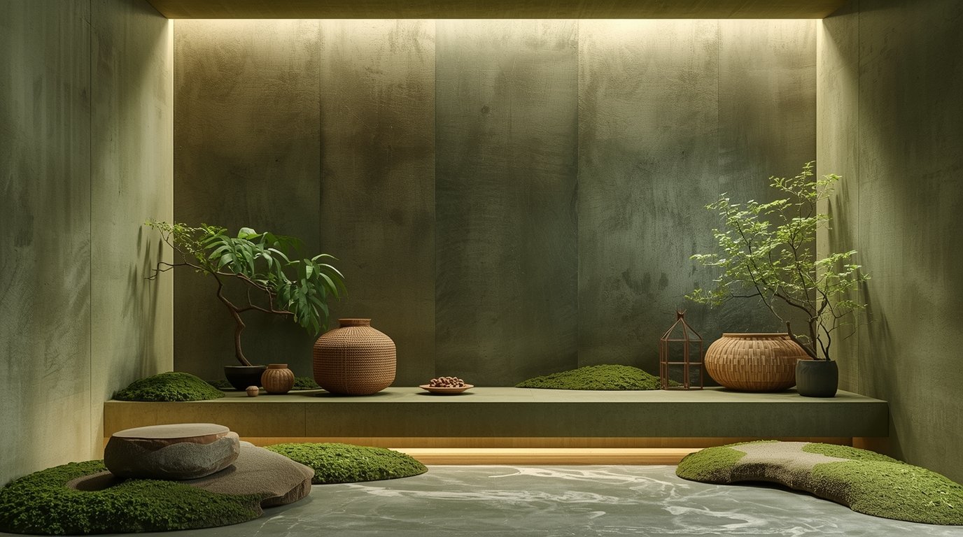 A Zen-inspired green wall system in a Nordic-Japanese fusion interior. A dwellstudio24 design featuring a lush, verdant vertical garden with trailing vines, ferns, and moss-covered rocks. Soft, diffused lighting from recessed fixtures creates a serene, contemplative atmosphere. The minimalist, Japandi-style space features clean lines, warm wood tones, and natural materials that complement the living, breathing wall. Carefully curated succulents, grasses, and leafy plants arranged in a harmonious, asymmetrical composition. The overall effect is one of understated elegance and calming tranquility. Nordic-Japanese Green Walls vertical garden