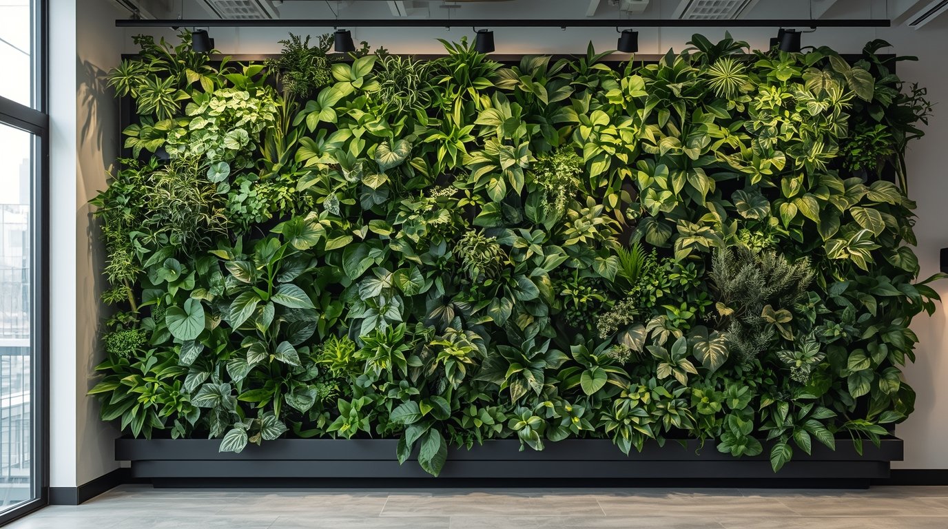 A Zen-inspired green wall system in a Nordic-Japanese fusion interior. A dwellstudio24 design featuring a lush, verdant vertical garden with trailing vines, ferns, and moss-covered rocks. Soft, diffused lighting from recessed fixtures creates a serene, contemplative atmosphere. The minimalist, Japandi-style space features clean lines, warm wood tones, and natural materials that complement the living, breathing wall. Carefully curated succulents, grasses, and leafy plants arranged in a harmonious, asymmetrical composition. The overall effect is one of understated elegance and calming tranquility.