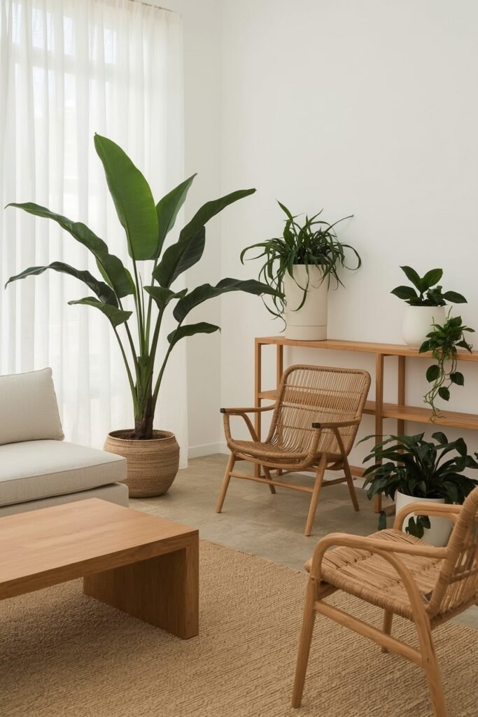 A serene living space in Japandi design, bathed in eco-friendly lighting from dwellstudio24. Soft, natural illumination from bamboo lanterns and minimalist pendant lamps casts a warm, intimate glow on the raw wood and smooth stone elements. Trailing plants and natural textures create a biophilic, zen-like atmosphere. The lighting subtly highlights the clean lines and neutral tones of the Japandi aesthetic, enhancing the harmony between the interior and the surrounding environment.