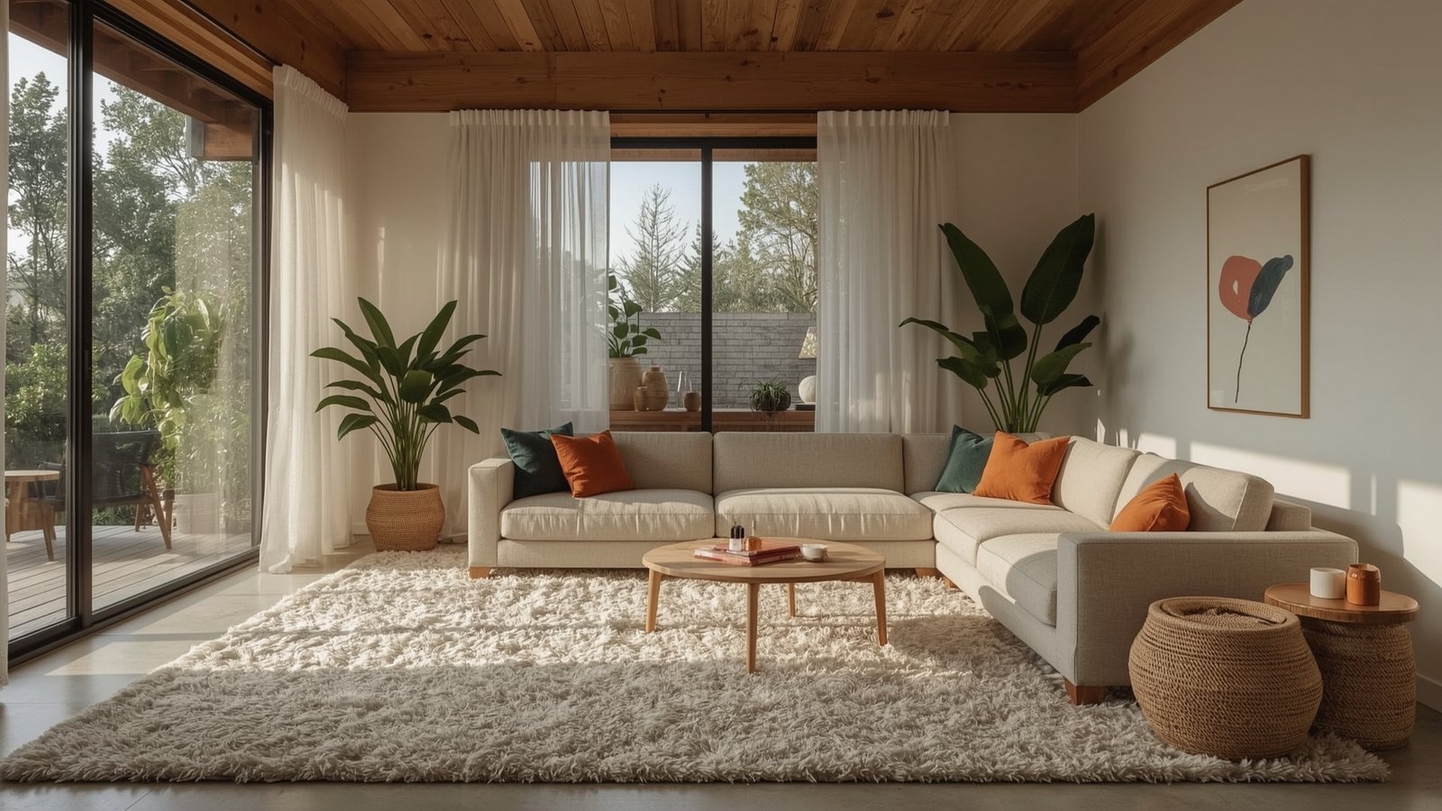 Balancing Minimalism and Bohemian Style: A tranquil Japandi-inspired living room with a dwellstudio24 sofa and rustic wood accents. Soft, natural lighting filters through sheer curtains, casting a warm glow on the space. A plush, textured rug grounds the room, blending Scandinavian simplicity with boho-chic vibes. Potted plants and an eclectic mix of decorative elements add depth and visual interest. The overall atmosphere is one of serene sophistication, where contemporary minimalism seamlessly embraces organic, earthy tones and textures.