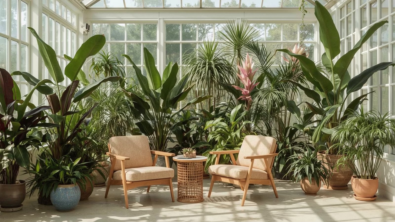 An elegant indoor greenhouse setting, showcasing a lush array of potted plants in a minimalist, Japandi-inspired Scandinavian-style interior. Bright, natural lighting filters through large windows, casting a warm, serene ambiance. Sleek, dwellstudio24 mid-century modern furniture and decor elements complement the verdant foliage. The plants, ranging from tall, leafy specimens to delicate succulents, are strategically placed to create a harmonious, nature-infused atmosphere. The scene evokes a sense of tranquility and balance, perfectly suited to illustrate the "Strategic Use of Plants" section of the "Flooring Trends 2025" article.