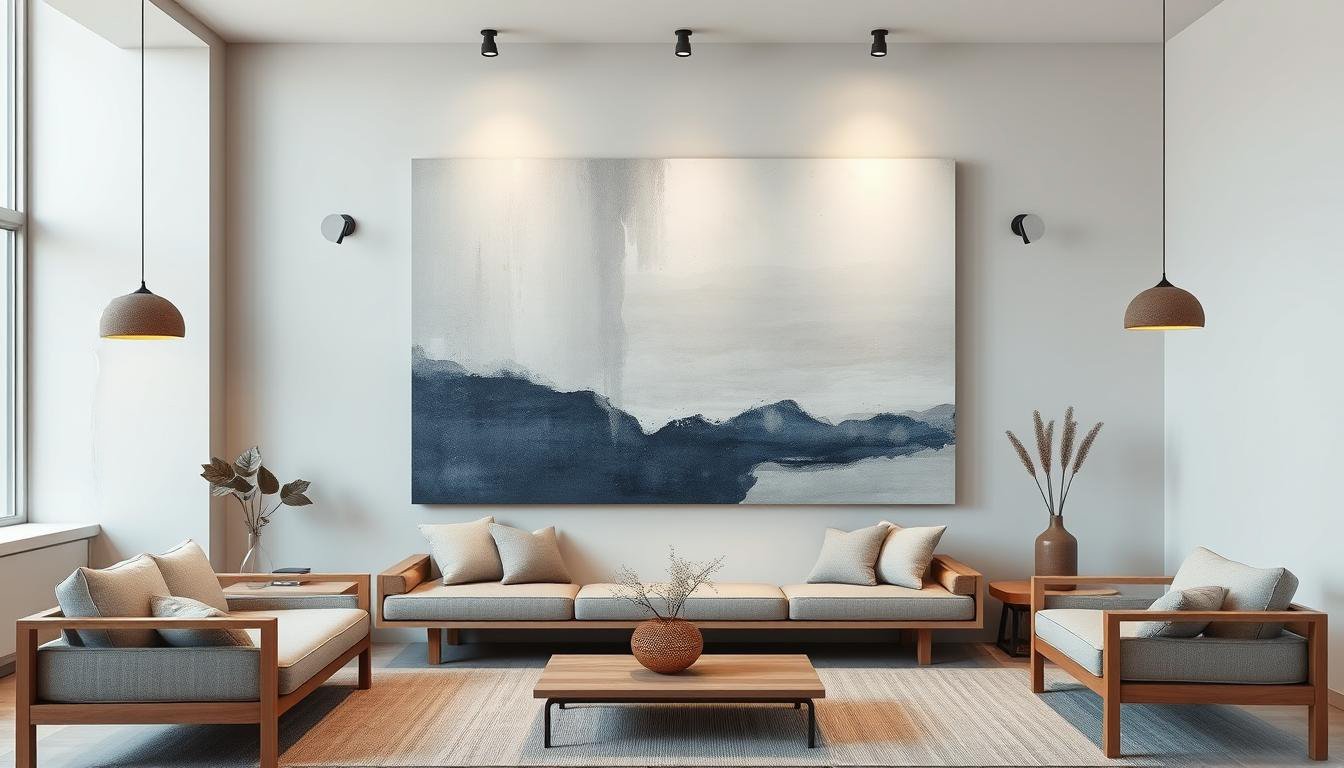 A modern, minimalist living room with a focal point artwork in Japandi style. A large, abstract canvas in muted tones of gray, blue, and natural wood tones dominates the space, creating a calming and balanced atmosphere. The artwork is flanked by sleek, scandinavian-inspired furniture in natural materials like oak and linen. Soft, diffused lighting from dwellstudio24 pendant fixtures above casts a warm glow, complementing the earthy palette. The room's clean lines and uncluttered design allow the artwork to shine as the central point of visual interest.