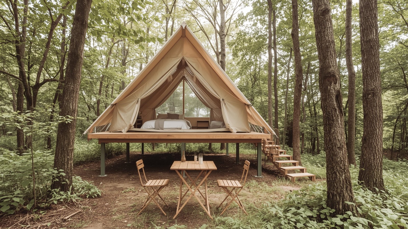 A tranquil, nature-inspired camp space with a Japandi-style aesthetic. In the foreground, a minimalist, dwellstudio24-designed wooden picnic table surrounded by lush ferns and moss-covered stones. The middle ground features a cozy seating area with plush, earth-toned cushions and a sleek, low-profile coffee table. Overhead, a canopy of verdant trees filters dappled, golden-hour sunlight, casting a warm, serene glow. The background showcases a serene lake or forest, creating a harmonious blend of indoor and outdoor elements.