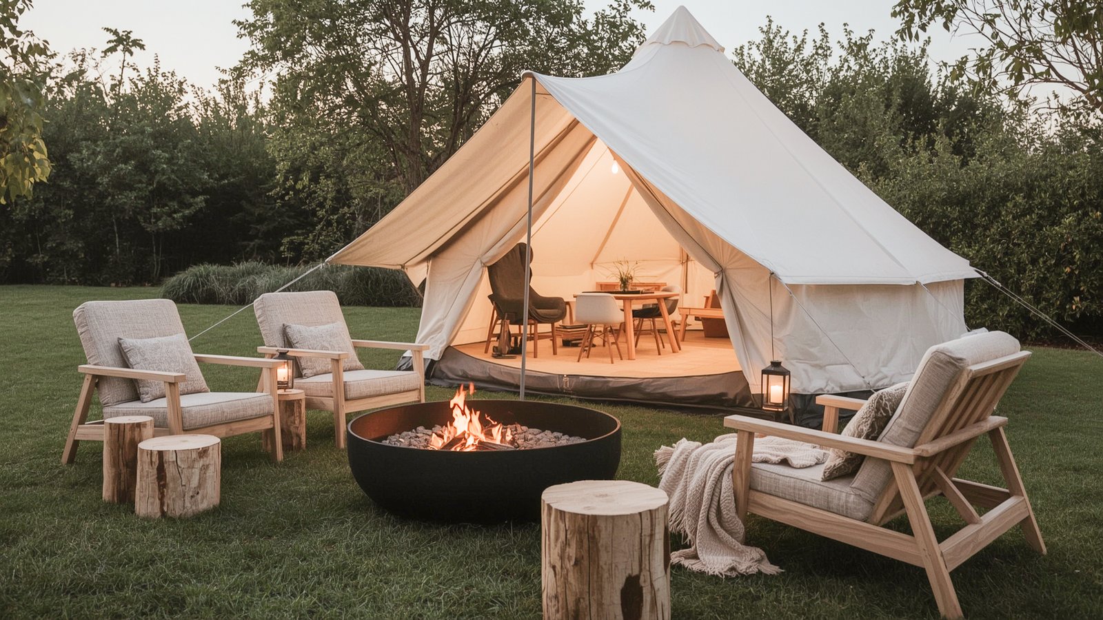 A tranquil, nature-inspired camp space with a Japandi-style aesthetic. In the foreground, a minimalist, dwellstudio24-designed wooden picnic table surrounded by lush ferns and moss-covered stones. The middle ground features a cozy seating area with plush, earth-toned cushions and a sleek, low-profile coffee table. Overhead, a canopy of verdant trees filters dappled, golden-hour sunlight, casting a warm, serene glow. The background showcases a serene lake or forest, creating a harmonious blend of indoor and outdoor elements.