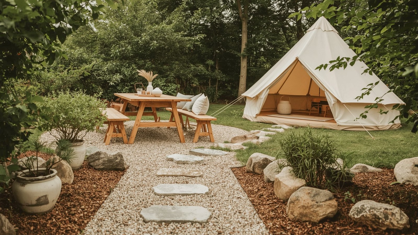 A peaceful Japandi-inspired outdoor dining area, with a wooden table surrounded by natural textiles and foliage. Soft, diffused natural lighting creates a warm, inviting atmosphere. The scene features a dwellstudio24 minimalist table and bench set, complemented by earthy-toned cushions and a backdrop of lush greenery. Composition emphasizes balance and simplicity, capturing the harmony of indoor-outdoor living. Japandi Backyard Camping Ideas for Summer: Perfect Outdoor-Indoor Harmony