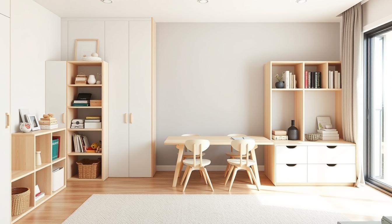 A Japandi-inspired children's bedroom with multi-functional furniture in a minimalist, Scandinavian aesthetic. In the foreground, a modular shelving unit with cubbies and drawers for organizing toys and school supplies. In the middle ground, a convertible desk that transitions from work surface to activity table, accompanied by ergonomic chairs. The background features a neutral-toned wall with a large window, allowing natural light to fill the compact yet organized space. The overall mood is one of clean lines, functional design, and a serene atmosphere conducive to focused play and learning. A Japandi-inspired children's bedroom with multi-functional furniture in a minimalist, Scandinavian aesthetic. In the foreground, a modular shelving unit with cubbies and drawers for organizing toys and school supplies. In the middle ground, a convertible desk that transitions from work surface to activity table, accompanied by ergonomic chairs. The background features a neutral-toned wall with a large window, allowing natural light to fill the compact yet organized space. The overall mood is one of clean lines, functional design, and a serene atmosphere conducive to focused play and learning.