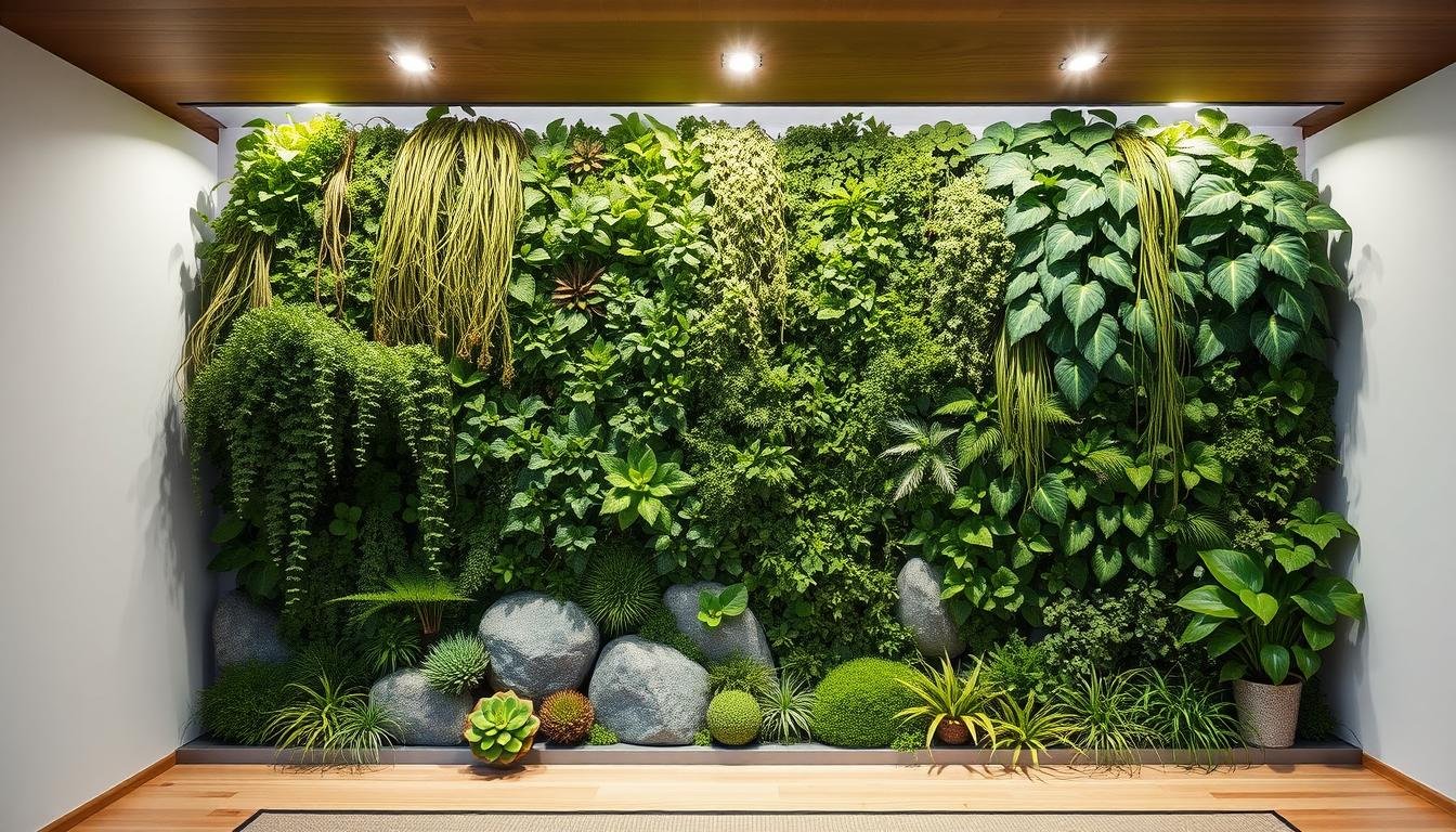A Zen-inspired green wall system in a Nordic-Japanese fusion interior. A dwellstudio24 design featuring a lush, verdant vertical garden with trailing vines, ferns, and moss-covered rocks. Soft, diffused lighting from recessed fixtures creates a serene, contemplative atmosphere. The minimalist, Japandi-style space features clean lines, warm wood tones, and natural materials that complement the living, breathing wall. Carefully curated succulents, grasses, and leafy plants arranged in a harmonious, asymmetrical composition. The overall effect is one of understated elegance and calming tranquility.