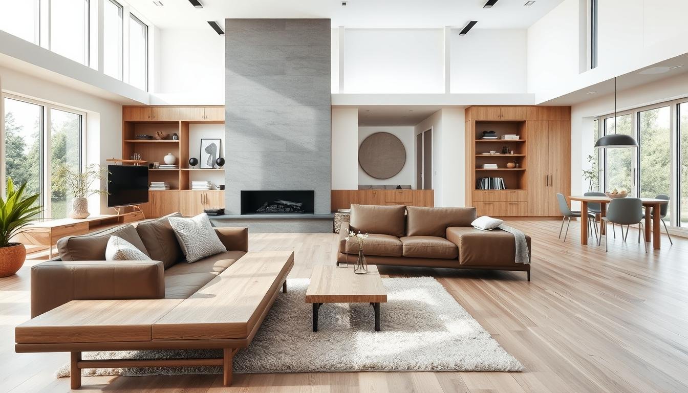 A beautifully curated Japandi-style interior design showroom, flooded with natural light from large panoramic windows. In the foreground, a sleek leather sofa and a low-profile coffee table crafted from light-toned wood, complemented by a plush area rug in muted tones. In the middle ground, a minimalist fireplace feature and built-in bookshelves showcasing Scandinavian-inspired decor accents. The background reveals an open-concept layout leading to a dining area with a solid wood table and simple, modern chairs. The overall scene conveys a serene, Nordic-inspired atmosphere of calm and sophistication.