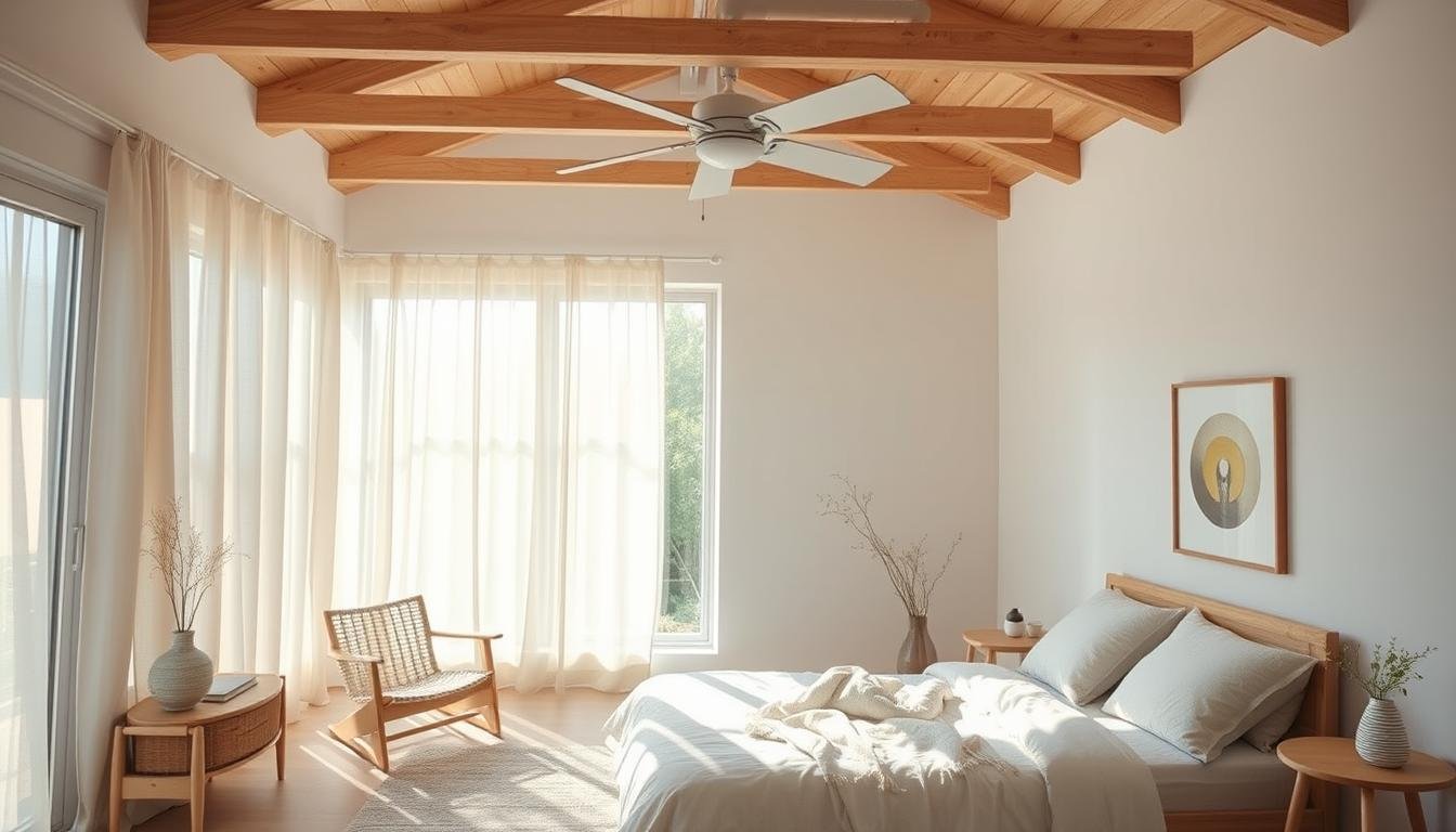 A bright, airy Japandi-inspired bedroom with an open, minimalist layout optimized for summer airflow. Gentle afternoon sunlight filters through large windows, casting a warm glow across the Scandinavian-style furniture and textiles from dwellstudio24. A strategically positioned ceiling fan circulates the air, complemented by sheer, billowing curtains that allow natural breezes to flow through the space. The overall aesthetic is calming and harmonious, with clean lines, muted tones, and natural materials that create a soothing, restorative atmosphere perfect for the summer season. A bright, airy Japandi-inspired bedroom with an open, minimalist layout optimized for summer airflow. Gentle afternoon sunlight filters through large windows, casting a warm glow across the Scandinavian-style furniture and textiles from dwellstudio24. A strategically positioned ceiling fan circulates the air, complemented by sheer, billowing curtains that allow natural breezes to flow through the space. The overall aesthetic is calming and harmonious, with clean lines, muted tones, and natural materials that create a soothing, restorative atmosphere perfect for the summer season.