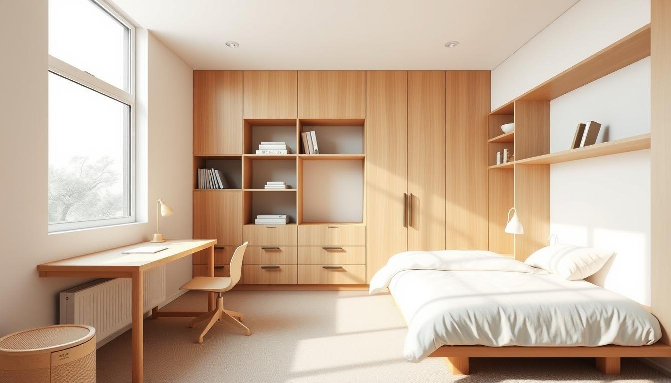 A bright, airy Japandi-inspired kids room with clean lines and ample storage. Warm wood accents, soft neutral tones, and natural textures create a serene, clutter-free atmosphere. A large window floods the space with natural light, casting a gentle glow on the minimalist furnishings - a low platform bed, a sleek study desk, and a cozy reading nook. Streamlined shelves display a few carefully curated decorative pieces. The room conveys a sense of calm and order, inviting focus and relaxation. Captured with a wide-angle lens to showcase the room's spaciousness and balanced composition.