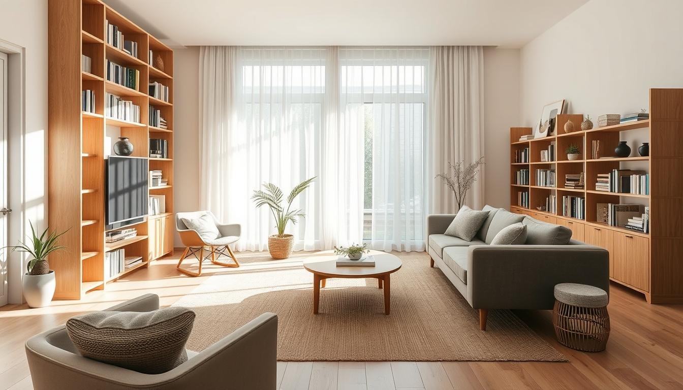 A bright, airy Japandi-inspired living room with clean lines and neutral tones. A statement floor-to-ceiling bookshelf in light oak frames the scene, casting warm shadows across the room. Mid-century modern furniture, including a plush grey sofa and minimalist coffee table, create a cozy yet sophisticated atmosphere. Soft, diffused natural light filters through sheer white curtains, illuminating the space. Subtle Scandinavian accents, like a woven area rug and potted plants, add texture and warmth. The overall aesthetic is one of accessible, modern style - a harmonious blend of Japanese and Nordic design principles.