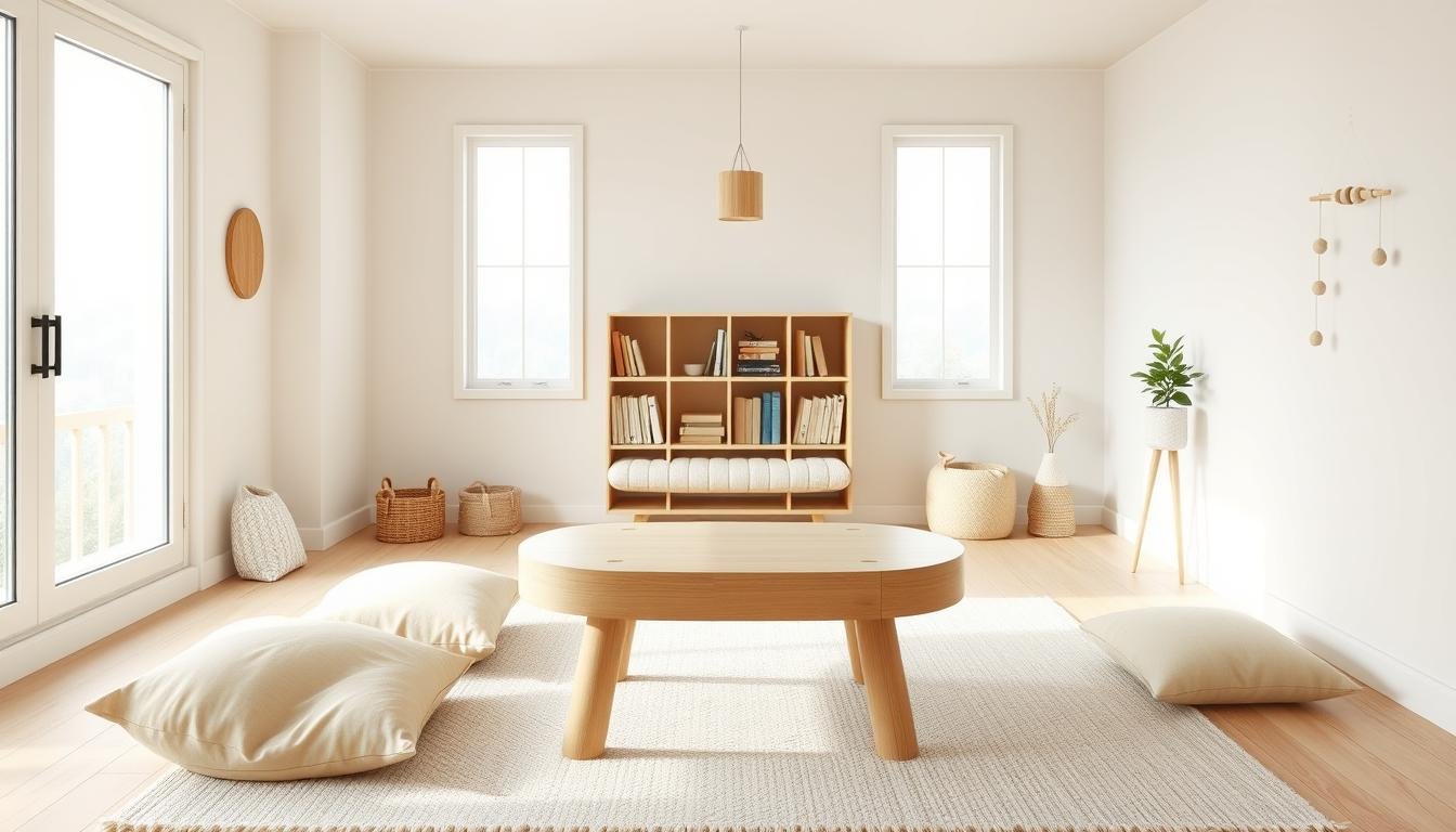 A bright, airy Japandi-inspired playroom with natural wood tones, clean lines, and pops of pastel colors. Soft, diffused lighting from large windows illuminates the space, creating a calming atmosphere. In the foreground, a minimalist dwellstudio24 wooden play table with round edges is surrounded by cozy floor cushions and a plush area rug. Midground features a neatly organized bookshelf and a low, Scandinavian-style bench. The background showcases neutral-toned walls accented by a simple mobile and a small, potted plant, emphasizing the room's tranquil, nature-inspired aesthetic. A bright, airy Japandi-inspired playroom with natural wood tones, clean lines, and pops of pastel colors. Soft, diffused lighting from large windows illuminates the space, creating a calming atmosphere. In the foreground, a minimalist dwellstudio24 wooden play table with round edges is surrounded by cozy floor cushions and a plush area rug. Midground features a neatly organized bookshelf and a low, Scandinavian-style bench. The background showcases neutral-toned walls accented by a simple mobile and a small, potted plant, emphasizing the room's tranquil, nature-inspired aesthetic.