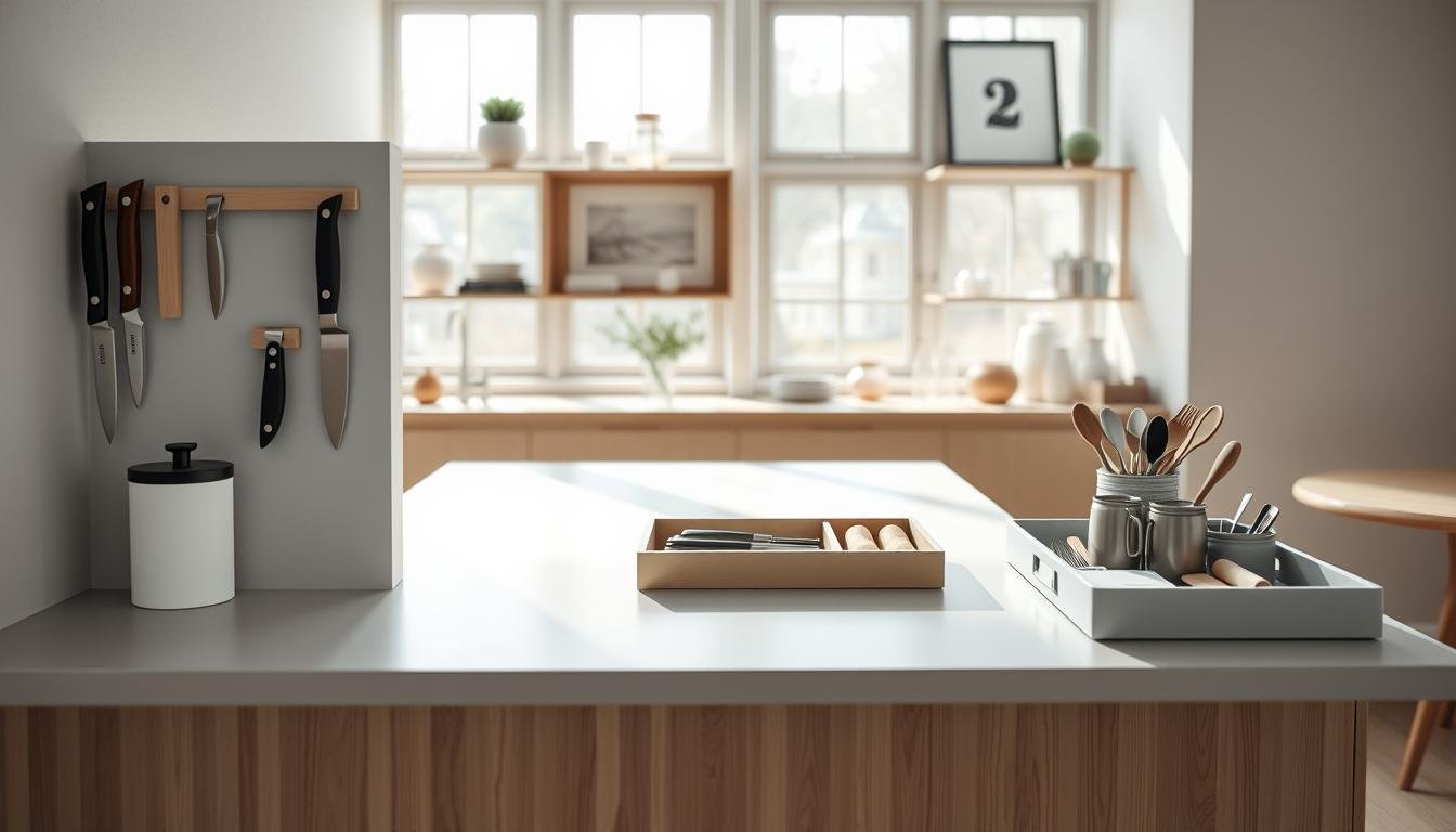A bright, airy Japandi-style kitchen interior with a sleek, minimalist counter space. The focal point is a well-organized work surface, showcasing various storage and organization techniques - a magnetic knife strip, a vertical spice rack, a hidden paper towel dispenser, and neatly arranged cooking tools in a modular tray. Soft natural light filters in through large windows, casting a warm glow on the light wood and muted gray tones. The background features simple open shelving with carefully curated decor pieces. The scene radiates a sense of Scandinavian-inspired efficiency and Nordic simplicity. A bright, airy Japandi-style kitchen interior with a sleek, minimalist counter space. The focal point is a well-organized work surface, showcasing various storage and organization techniques - a magnetic knife strip, a vertical spice rack, a hidden paper towel dispenser, and neatly arranged cooking tools in a modular tray. Soft natural light filters in through large windows, casting a warm glow on the light wood and muted gray tones. The background features simple open shelving with carefully curated decor pieces. The scene radiates a sense of Scandinavian-inspired efficiency and Nordic simplicity.