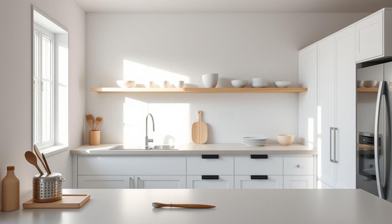 A bright, airy Japandi-style kitchen with sparse, minimalist decor. In the foreground, a clean countertop with a few essential kitchen tools neatly arranged. The middle ground showcases open shelving displaying only a handful of sleek, Scandinavian-inspired ceramics and glassware. The background features clean white cabinetry, the doors slightly ajar to reveal the organized, decluttered contents within. Soft, diffused natural lighting filters in, creating a serene, calming atmosphere that embodies the principles of Nordic design.