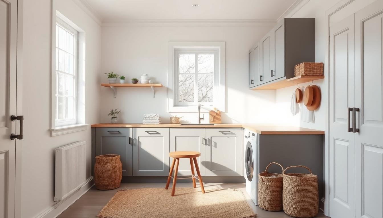 A bright, airy Scandinavian-inspired laundry room with a neutral color palette and tactile textures. A large window fills the space with natural light, casting a soft glow on the crisp white walls and muted gray cabinets. Smooth wood accents, like a floating shelf and a mid-century modern stool, add warmth and contrast. The textured jute rug and woven baskets introduce cozy Japandi elements, while sleek, minimalist fixtures and appliances maintain the modern, Nordic aesthetic. The overall effect is a serene, functional space that feels both calming and chic.