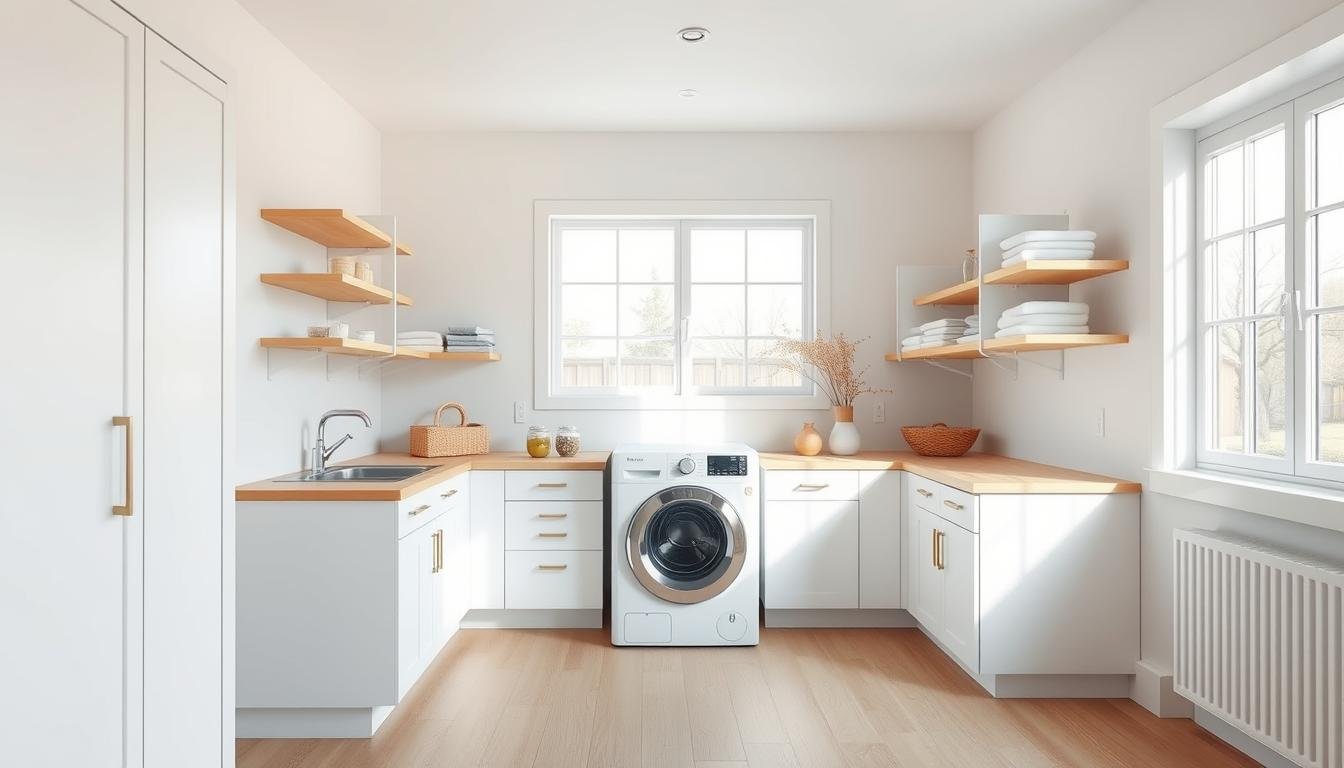 A bright, airy Scandinavian laundry room with a clean, minimalist layout. The space features sleek, white cabinetry and countertops, accented by warm wooden tones in the flooring and shelving. Soft, diffused natural light streams in through large windows, casting a serene, tranquil ambiance. A compact, efficient washer and dryer are neatly tucked away, with ample storage for linens and supplies. The room's Japandi-inspired design blends Scandinavian simplicity with Japanese aesthetics, resulting in a functionally chic and visually calming space.