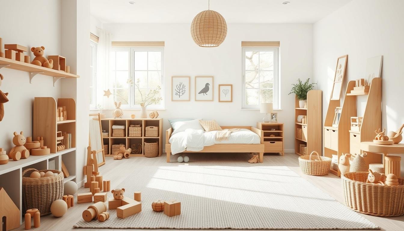 A bright, airy Scandinavian-style kids room with minimalist design. In the foreground, a variety of wooden toys and blocks are neatly organized on shelves and in baskets, reflecting the Japandi aesthetic. The middle ground features a low wooden bed frame with crisp white bedding and a cozy textured rug. The background showcases large windows allowing natural light to flood the space, complemented by soft white walls and a few pieces of nordic-inspired wall art. The overall mood is calm, peaceful, and conducive to play and relaxation.
