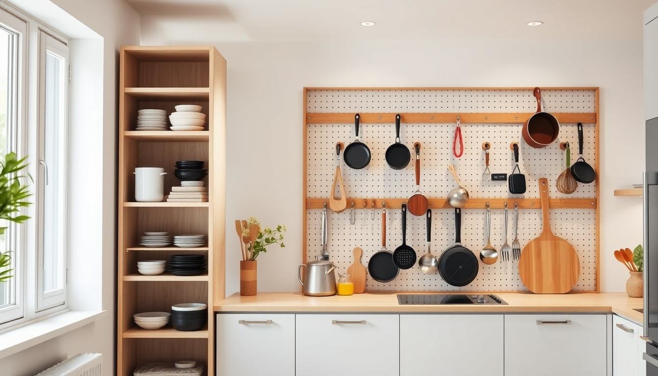 A bright, airy kitchen interior in a Japandi style, featuring sleek, minimalist vertical storage solutions. The foreground showcases a tall, slim shelving unit with clean lines and natural wood accents, holding a variety of kitchen essentials. In the middle ground, a wall-mounted pegboard system with custom pegs and hooks for hanging pots, pans, and utensils. The background reveals a scandinavian-inspired window with soft, diffused natural lighting illuminating the space. The overall atmosphere is one of efficiency, organization, and a seamless blend of modern and traditional design elements. A bright, airy kitchen interior in a Japandi style, featuring sleek, minimalist vertical storage solutions. The foreground showcases a tall, slim shelving unit with clean lines and natural wood accents, holding a variety of kitchen essentials. In the middle ground, a wall-mounted pegboard system with custom pegs and hooks for hanging pots, pans, and utensils. The background reveals a scandinavian-inspired window with soft, diffused natural lighting illuminating the space. The overall atmosphere is one of efficiency, organization, and a seamless blend of modern and traditional design elements.