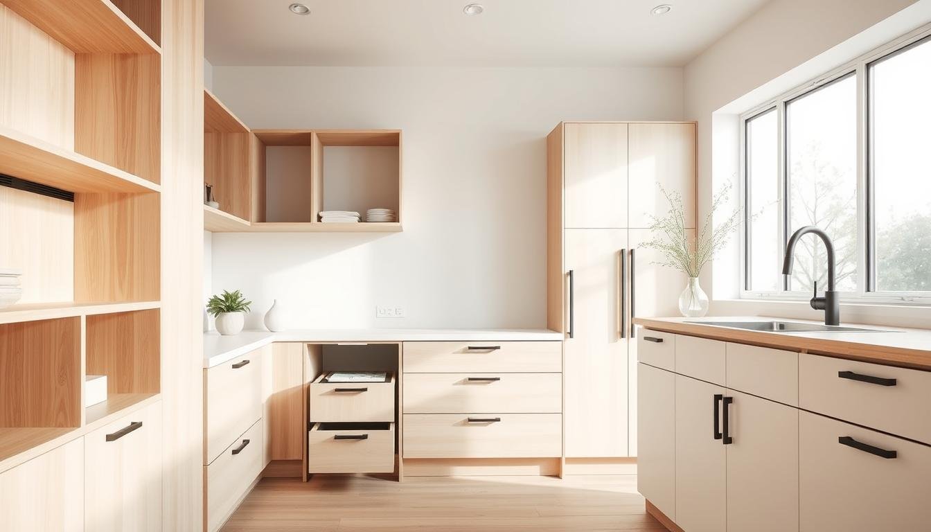 A bright, airy kitchen with clean lines and a Japandi-inspired aesthetic. In the foreground, a series of sleek, minimalist storage solutions - open shelves, built-in cabinets, and discreet drawers crafted from natural materials like light wood and matte black metal. The middle ground showcases a few carefully curated decorative elements, such as a potted plant and a simple ceramic vase. The background features a large window, allowing natural light to flood the space and create a sense of openness and calm. The overall mood is one of efficiency, organization, and Scandinavian-inspired design.