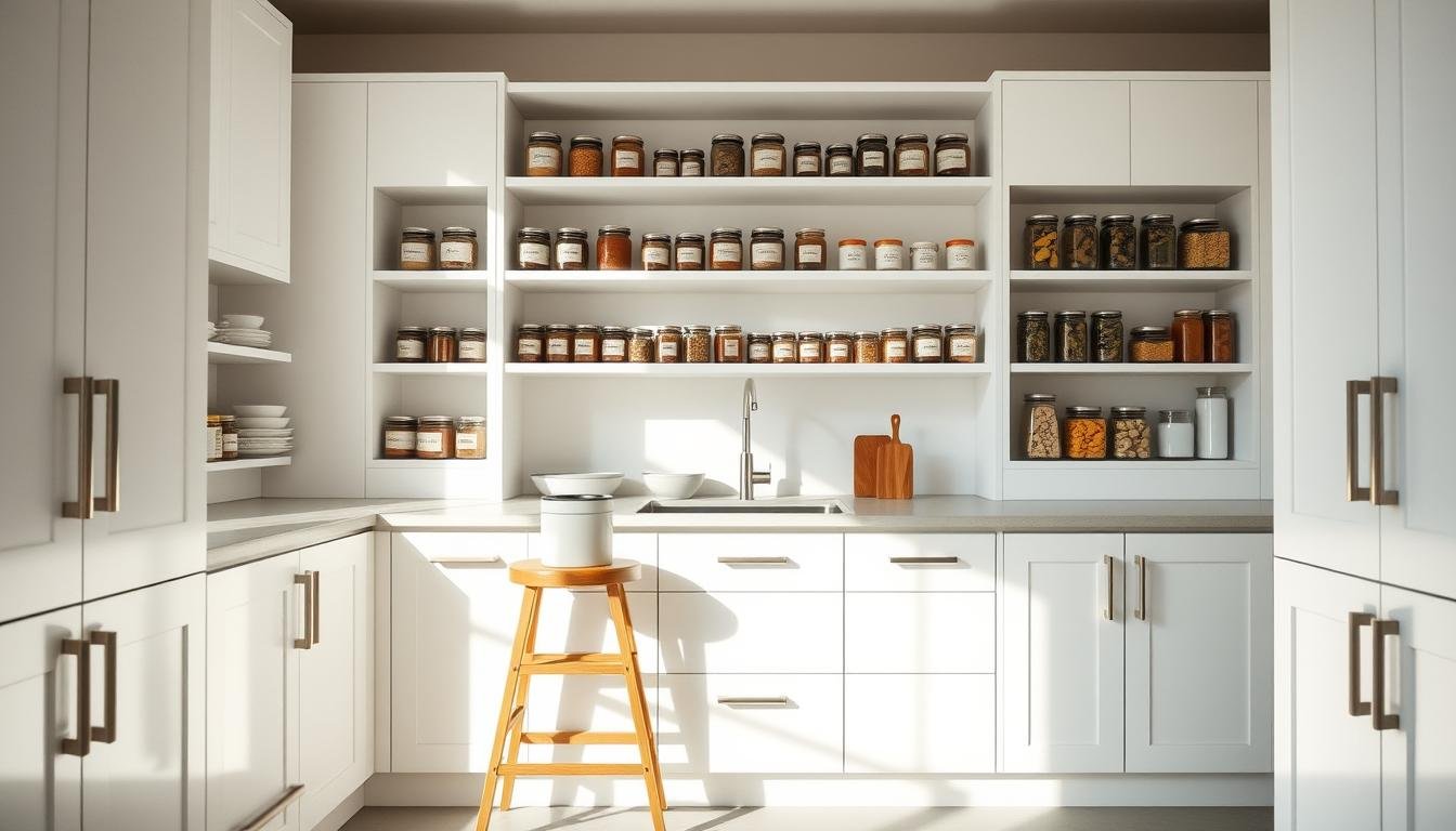 A bright, airy kitchen with clean lines and minimalist Japandi-inspired cabinets. Soft, natural light filters in through large windows, casting a warm glow on the meticulously organized shelves. Gleaming stainless steel hardware reflects the gentle illumination. A wooden step stool stands ready, allowing easy access to the top shelves. Rows of carefully labeled jars and containers create a sense of order and efficiency. The scene exudes a tranquil, Scandinavian atmosphere, perfectly suited for the "Maintaining Your Kitchen Cabinets Organization System" section of the article.
