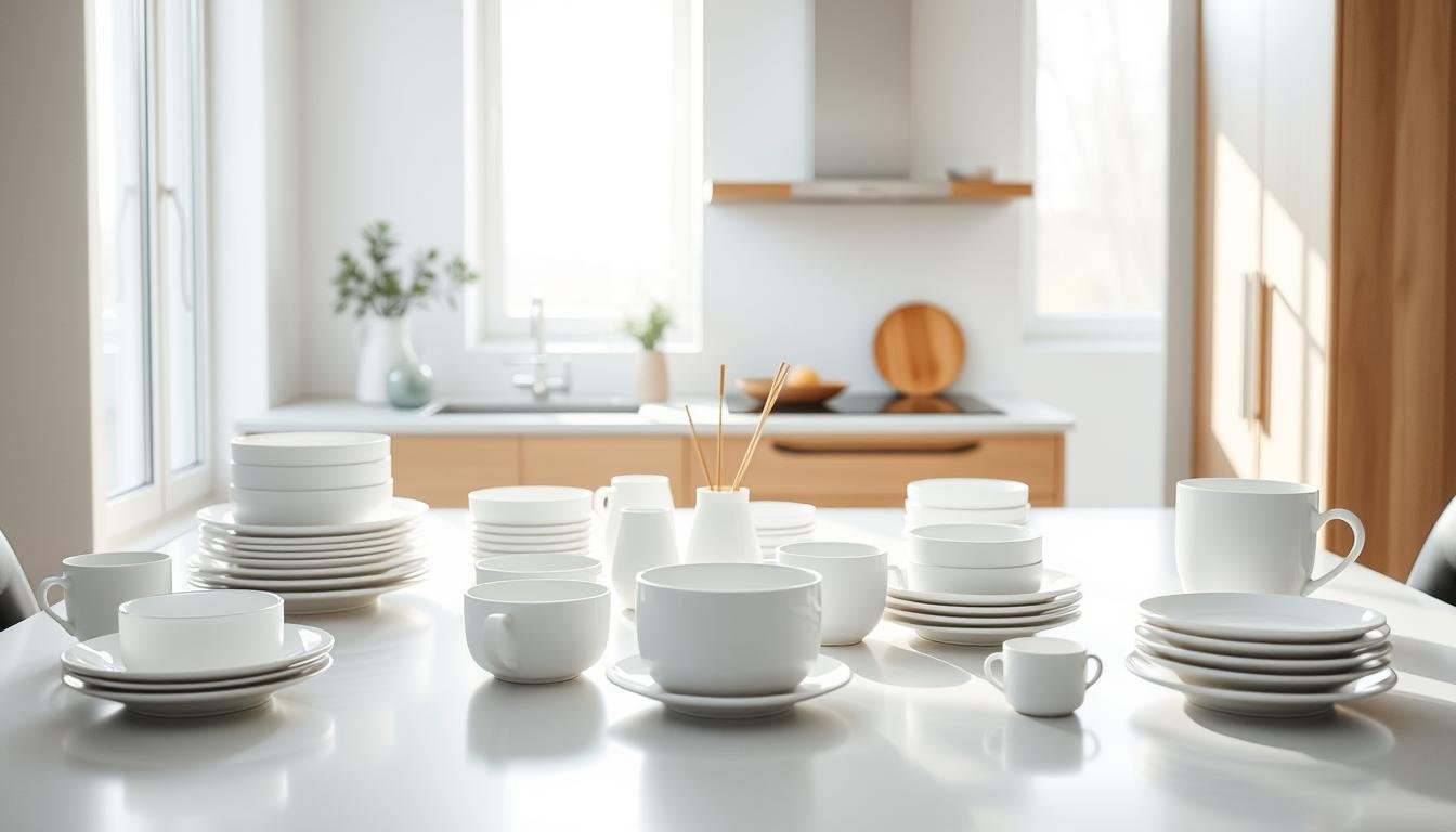 A bright and airy Japandi-style kitchen counter, meticulously organized with a harmonious arrangement of minimalist white porcelain plates, bowls, and cups. The tabletop is illuminated by soft, diffused natural light streaming in through large windows, casting a warm glow on the clean, Scandinavian-inspired aesthetic. In the background, a glimpse of sleek, Nordic-inspired wooden cabinetry provides a subtle, complementary contrast. The overall scene conveys a sense of serenity, efficiency, and effortless organization, perfectly capturing the essence of the "Organizing Specific Kitchen Items for Maximum Efficiency" section.