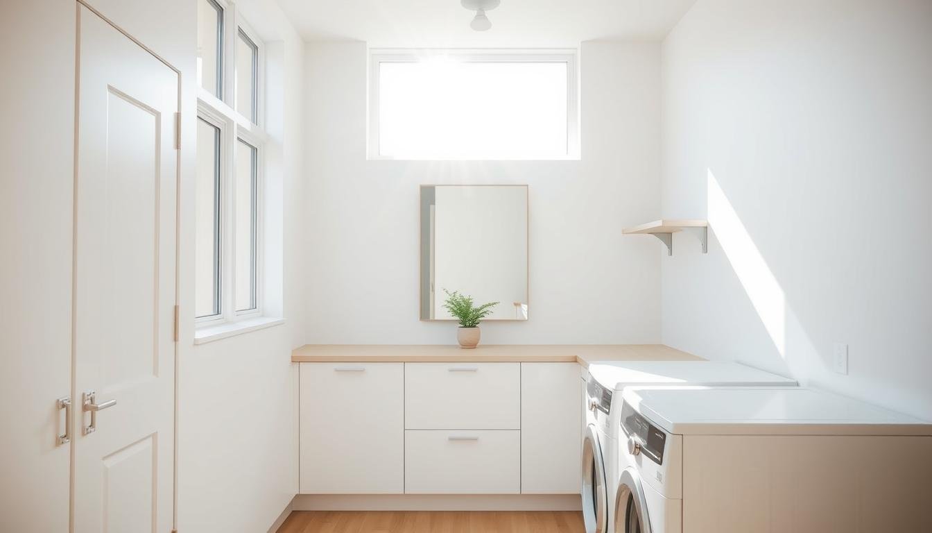 A bright and airy Japandi-style laundry room, bathed in natural light streaming through large windows. Minimal Scandinavian design with clean lines, white walls, and blonde wood accents. A strategically placed mirror on the far wall reflects the incoming light, maximizing its effect and creating an illusion of depth. Sleek, streamlined cabinetry and appliances occupy the foreground, while a simple potted plant adds a touch of nature. The overall atmosphere is one of calm, functional elegance - a serene and inviting space for efficient, thoughtful chore-doing.