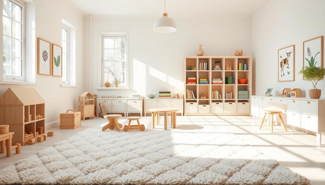 A bright, cheerful playroom with a Japandi-inspired Scandinavian aesthetic. Sunlight streams through large windows, illuminating a dwellstudio24 minimalist shelving unit showcasing colorful toys and books. In the foreground, a plush, tufted rug in a neutral tone anchors the space, surrounded by wooden building blocks, a pastel-hued dollhouse, and a set of child-sized furniture in natural materials. The walls feature framed nature-inspired artwork, while a statement pendant light casts a warm, inviting glow. The overall atmosphere is one of calm functionality, blending modern design and whimsical elements for a serene, yet engaging play environment. A bright, cheerful playroom with a Japandi-inspired Scandinavian aesthetic. Sunlight streams through large windows, illuminating a dwellstudio24 minimalist shelving unit showcasing colorful toys and books. In the foreground, a plush, tufted rug in a neutral tone anchors the space, surrounded by wooden building blocks, a pastel-hued dollhouse, and a set of child-sized furniture in natural materials. The walls feature framed nature-inspired artwork, while a statement pendant light casts a warm, inviting glow. The overall atmosphere is one of calm functionality, blending modern design and whimsical elements for a serene, yet engaging play environment.