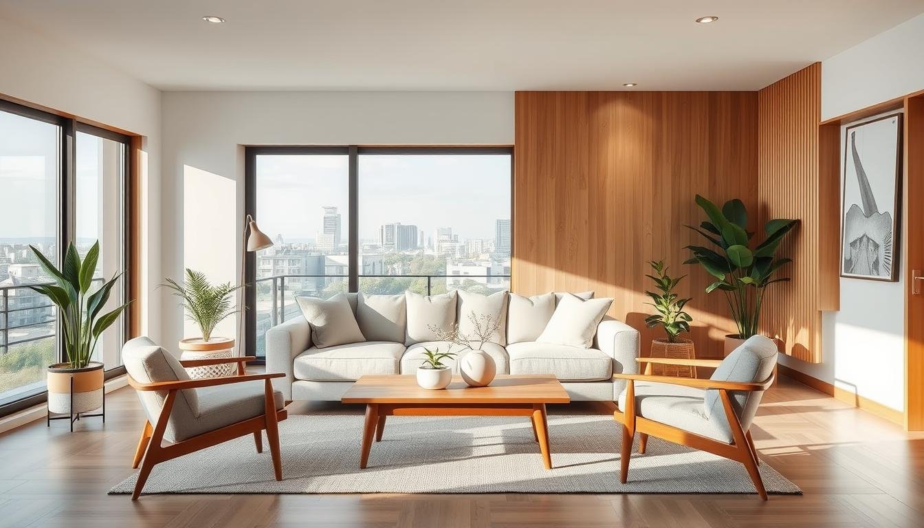 A bright, minimalist Japandi-style living room with clean lines and natural materials. Warm wooden accents and potted plants add softness to the airy, Scandinavian-inspired space. Strategically placed task lighting and soft ambient illumination create a cozy, inviting atmosphere. A plush, neutral-toned sofa and mid-century modern coffee table occupy the center of the frame, flanked by a pair of sleek, armless chairs. The background features large windows overlooking a serene urban landscape, allowing natural light to flood the room.