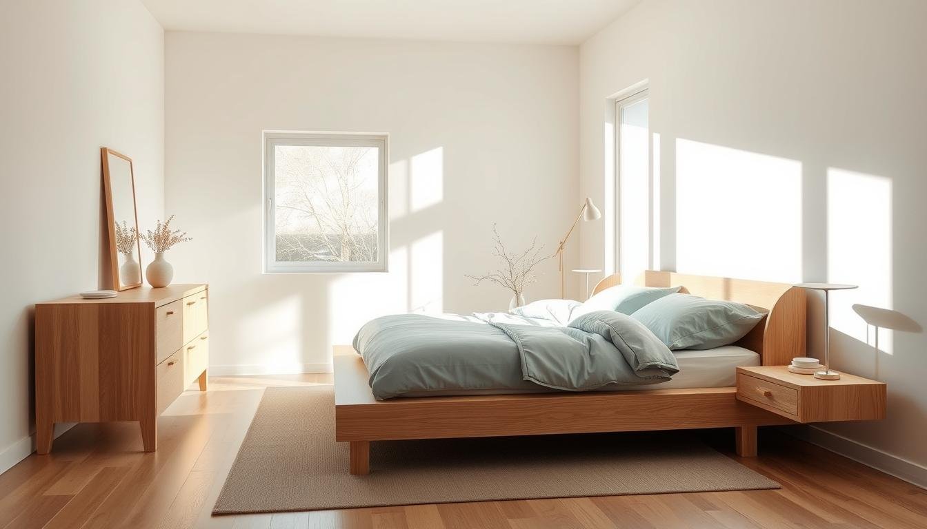 A bright, serene Japandi-inspired bedroom. Minimalist wood furniture in light natural tones - a low platform bed, a sleek dresser, and a harmonious nightstand arrangement. Soft, muted blue textiles create a calming ambiance. Sunlight filters in through large windows, casting gentle shadows. The room has a clean, uncluttered layout with carefully curated Scandinavian design elements. The overall atmosphere is one of tranquility and balance, reflecting the essence of Japandi style.