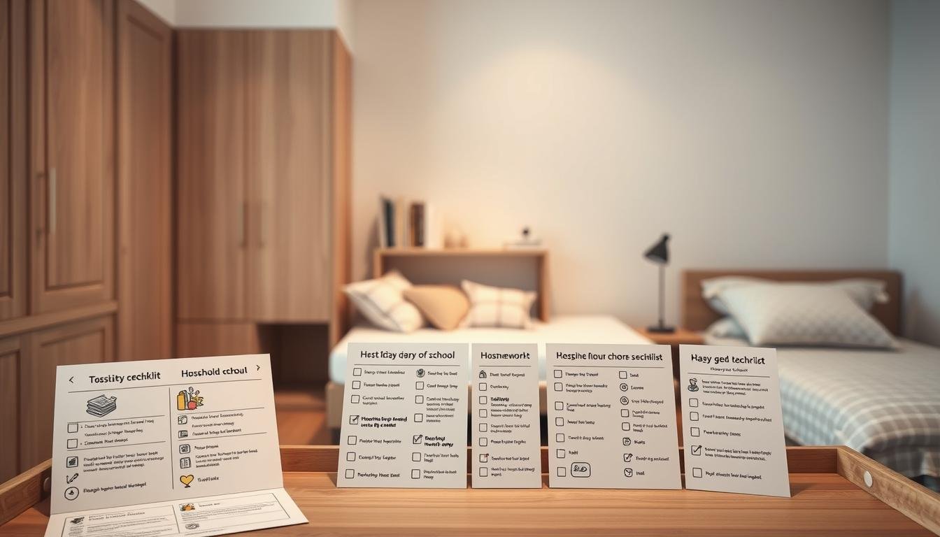 A child's bedroom with a Japandi-inspired aesthetic, showcasing a set of well-organized, kid-friendly checklists. In the foreground, a small desk displays a series of laminated checklists with playful icons and simple step-by-step instructions for daily routines like getting ready for school, completing homework, and performing household chores. The middle ground features a cozy reading nook with plush pillows and a minimalist bookshelf, creating a calming atmosphere. The background depicts a muted color palette of natural wood tones and soft grays, complemented by clean lines and subtle geometric patterns. Diffused lighting casts a warm glow, emphasizing the serene and organized ambiance. The overall scene promotes a sense of structure and independence, empowering the child to navigate their daily activities with confidence. Children's Playroom Storage and Organization system Ideas for Happy Kids